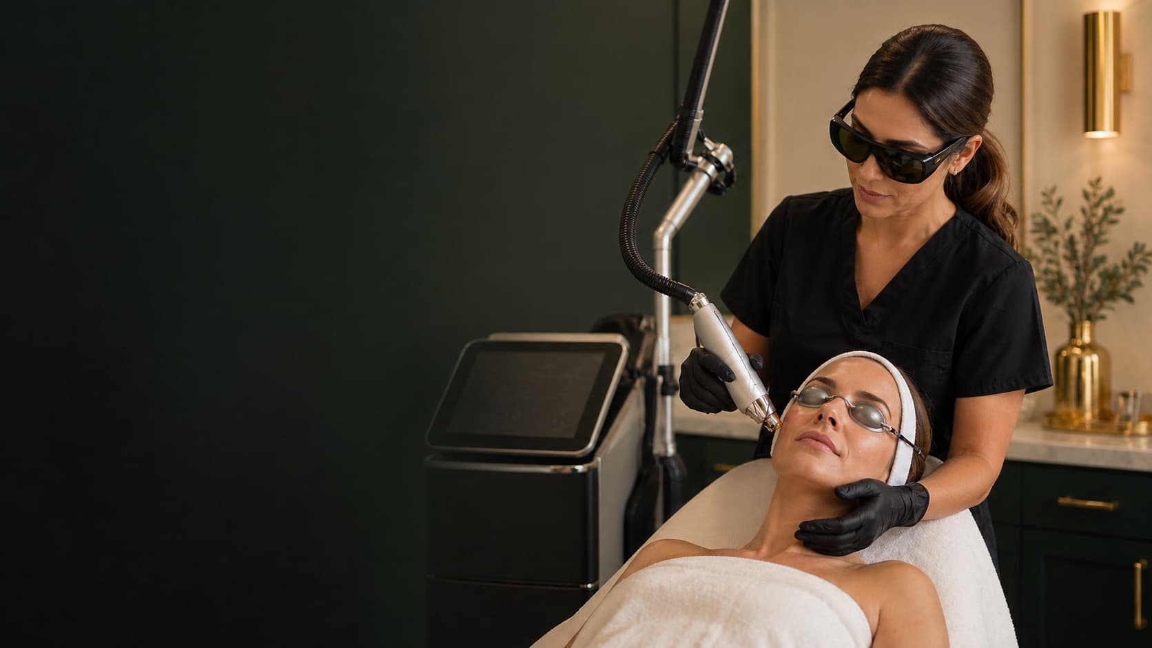 Illustration of a provider performing a facial laser treatment