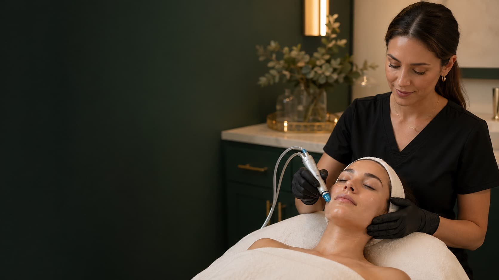 Illustration of a facial treatment in a warm, refined treatment room