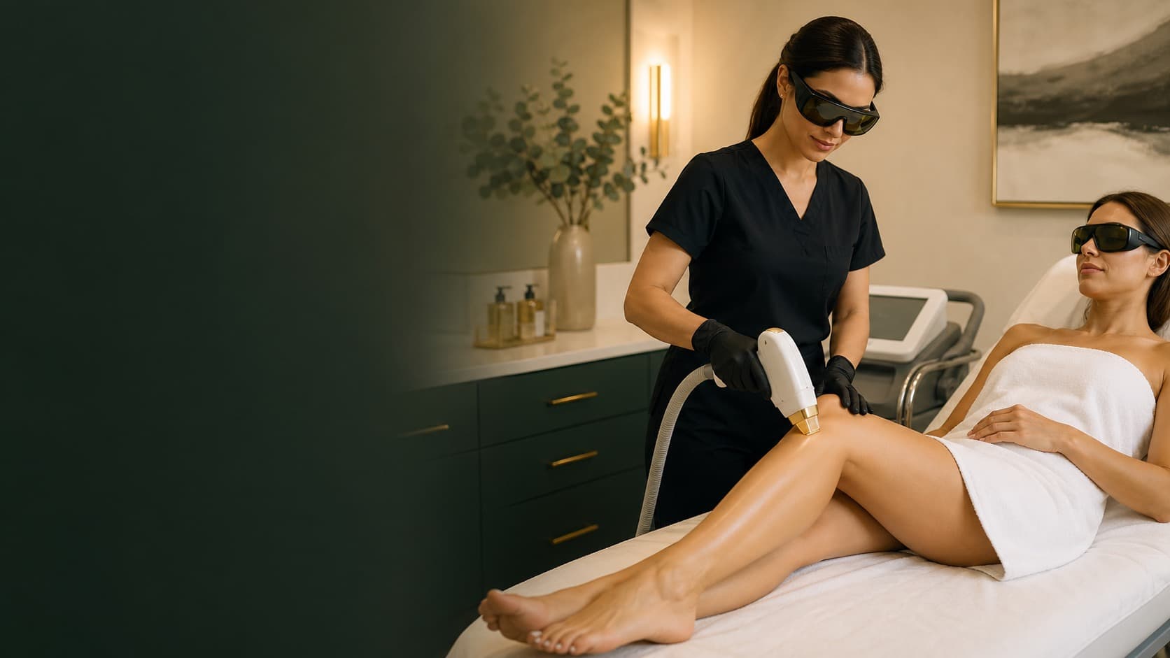 Illustration of a provider performing laser hair removal while both people wear protective eyewear